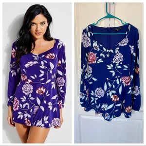 Guess Long Sleeve Silky Floral Romper in Blue S